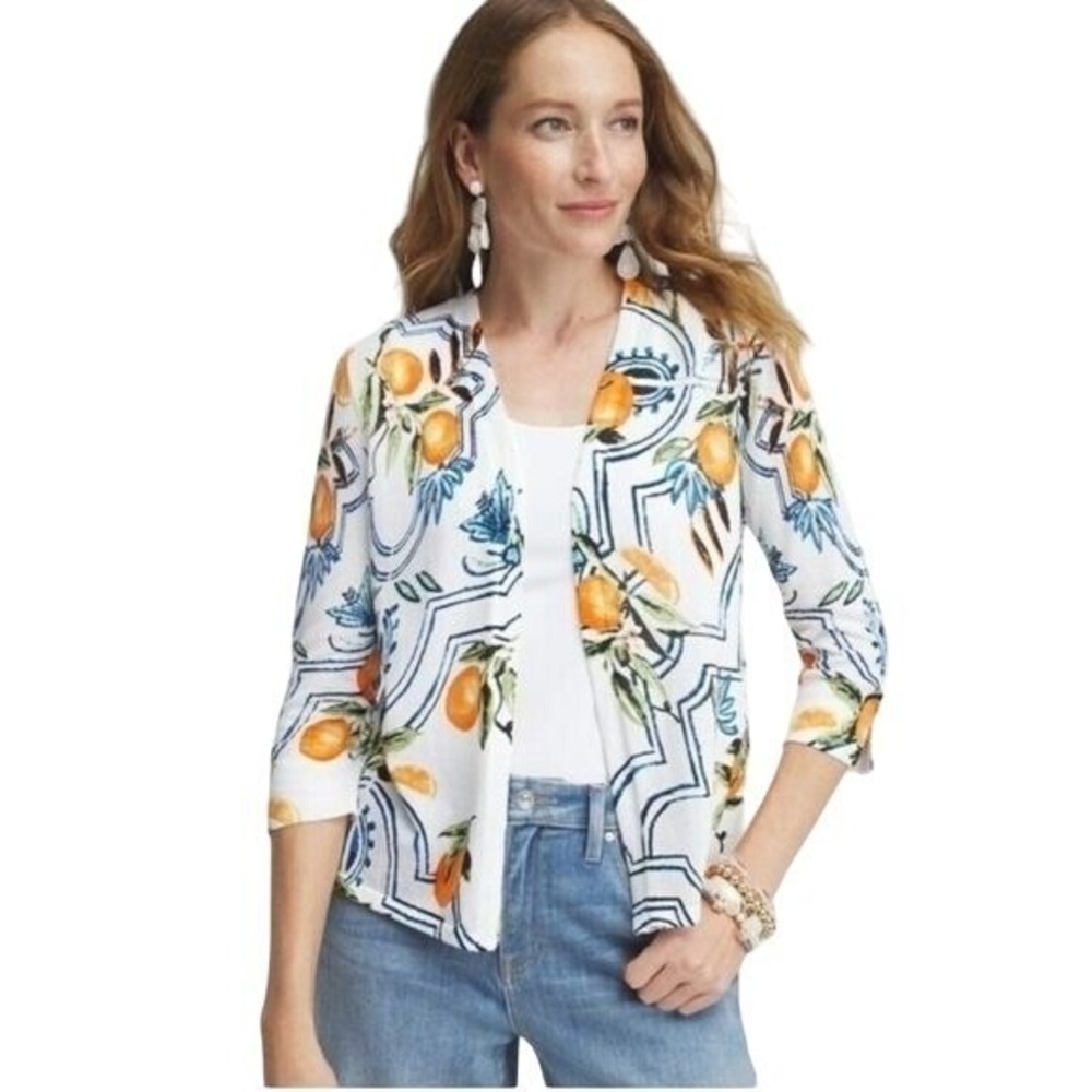 Chico's Open Front Cardigan Orange Print‎ 3/4 Sleeve Lightweight XS lightweight